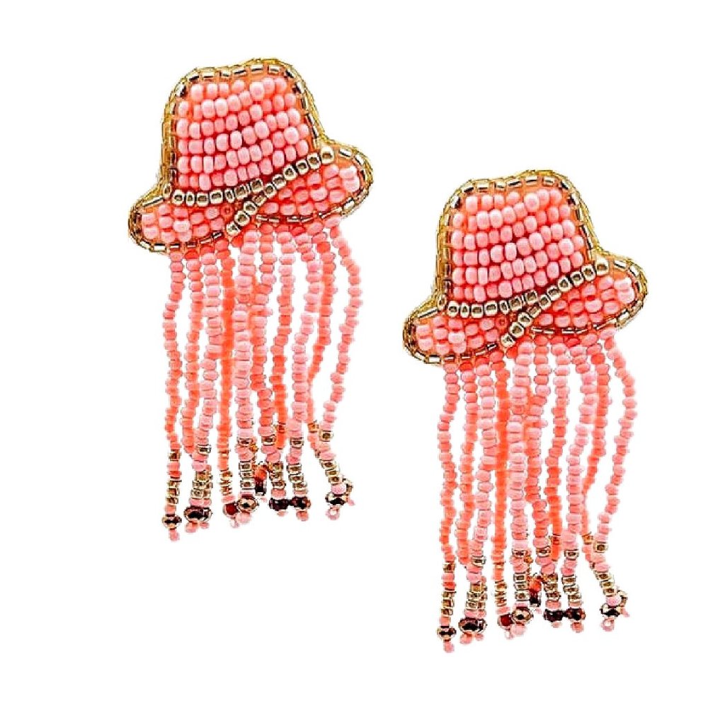 Pink Barbie Cowgirl Hat Western Style Seed Beaded Fringe Earrings NEW